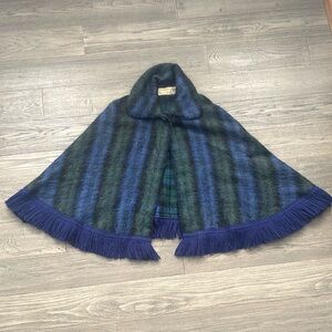 Fraser Cameron | Blue and Green Plaid Wool Cape with Fringe / Mohair and Wool